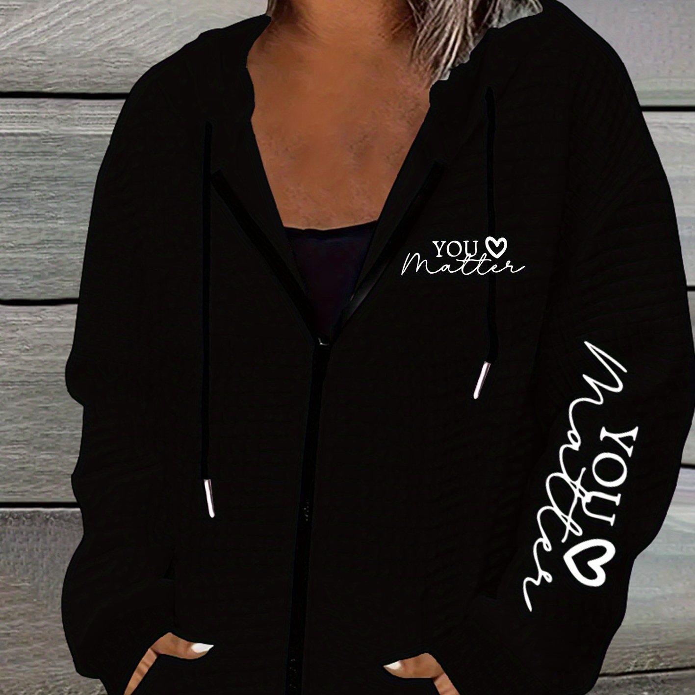 TEMU Trend Letter Printing, Women's Casual Waffle Zipper Hooded Jacket With Drawstring- Fiber, Machine Washable, Geometric Pattern