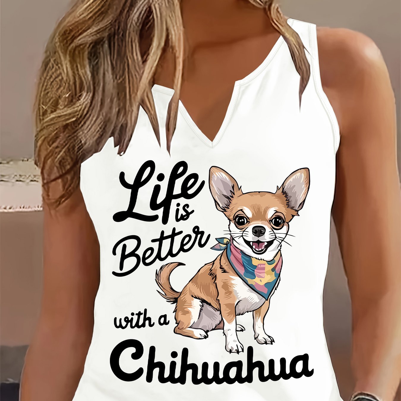 TEMU (052#) Women's Fashion Top, Chihuahua Print V-neck Sleeveless Vest, Fun Slogan Casual Versatile Comfortable Breathable Top