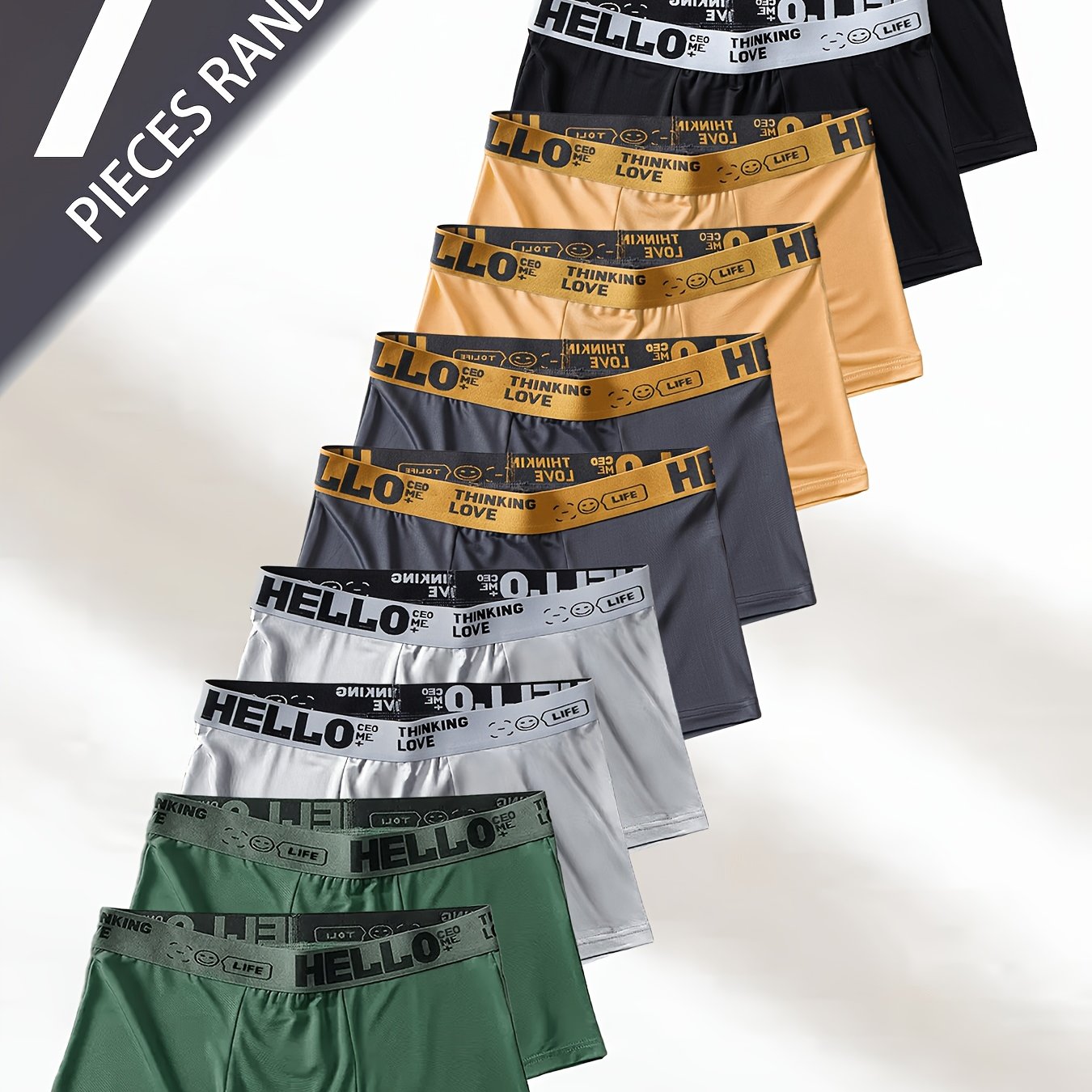 TEMU 7pcs Men's Quick-dry Underwear Set - Fiber Fabric, Solid Color Trunks With "hello" Print, Medium Stretch, Comfortable Casual Wear, Comfortable