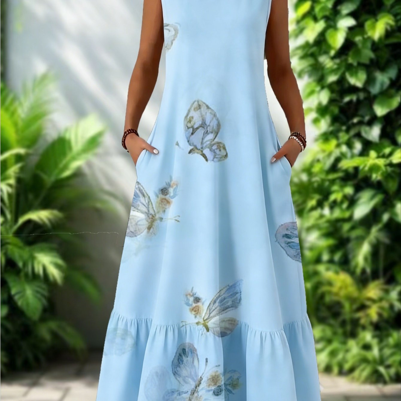 Plus Size - Plus Size - Plus Size Elegant Printed Sleeveless Dress | Breathable Fabric, Contrast , Loose H-cut, Horn Shaped Medium And Long, Suitable For , Crew Neck, Durable Material, Women's Fashion