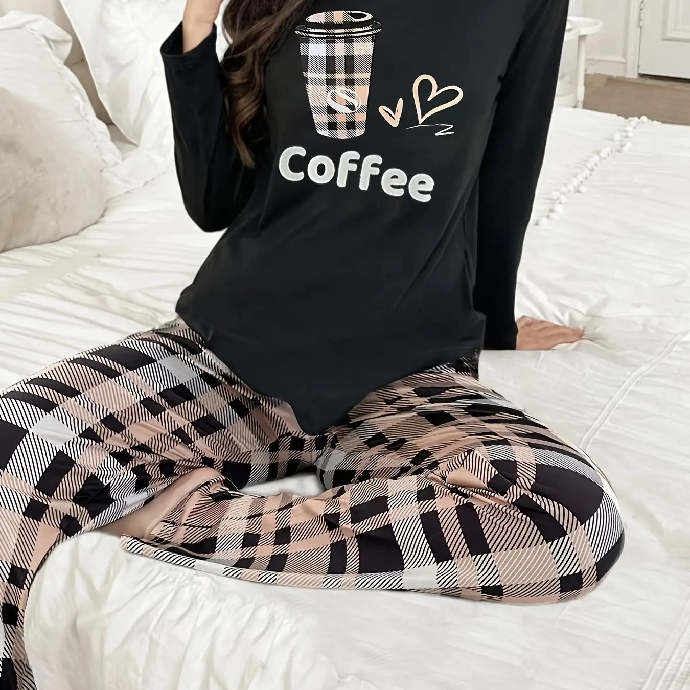 TEMU Women's 2pcs Pajama Set- Robe And Pants, Long-sleeve Casual Loungewear, Round Neck Design, Comfortable Sleepwear For , In Beige/brown//gray,