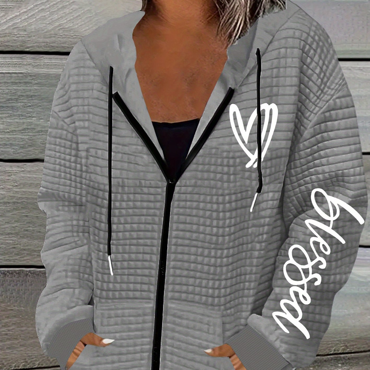 TEMU Love Print, Women's Casual Waffle Zipper Hooded Jacket With Drawstring - Fiber, Machine Washable, Geometric Pattern