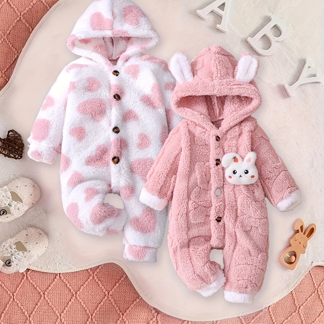 Image of 2pcs Set Baby Girl's Autumn And Winter Heart Pattern And Solid Bear Jacquard Rabbit Badge Hooded Ear Decoration Plush Hooded Long-sleeved Jumpsuit, Cute Casual Winter Outdoor Outfit, For Outdoor