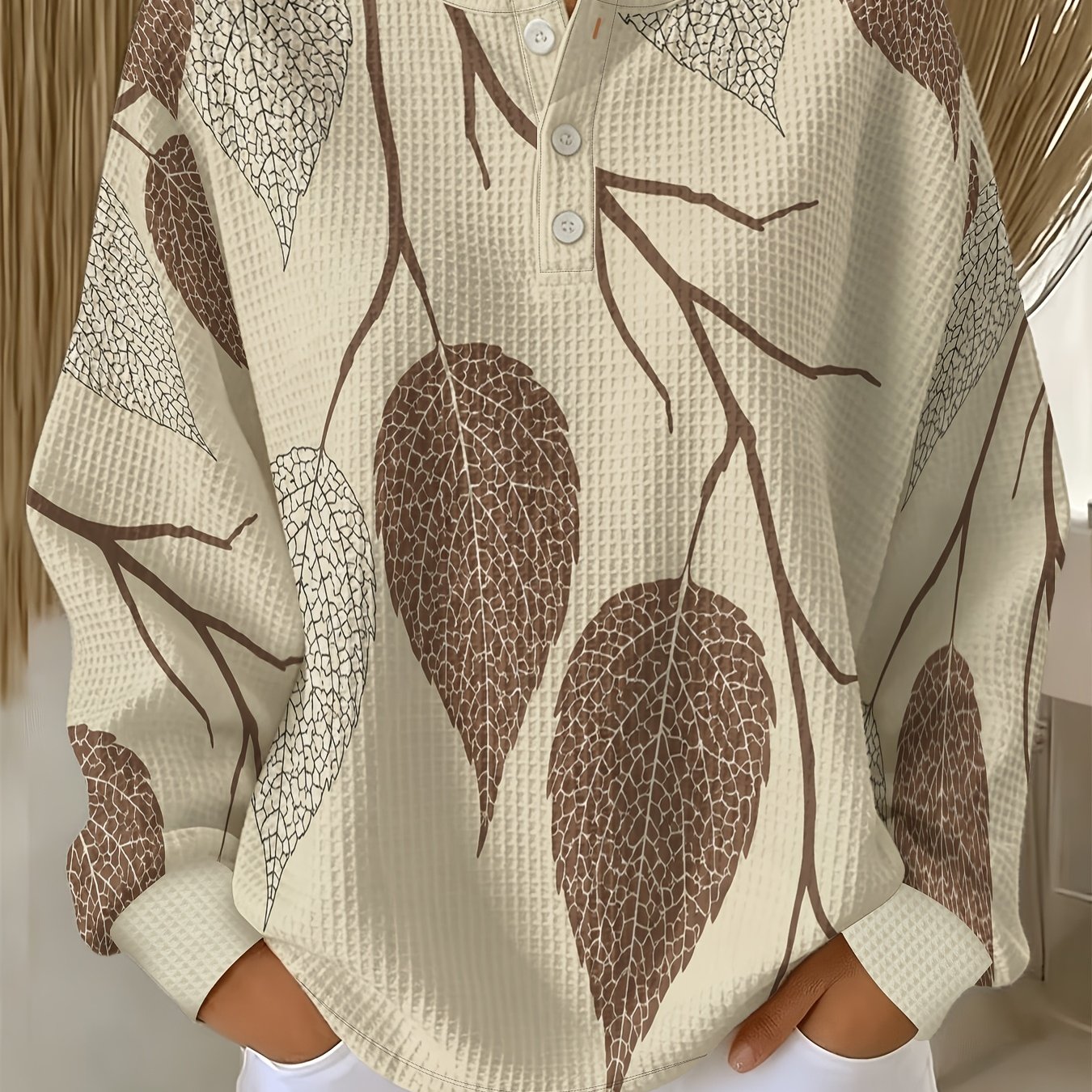 TEMU Women's Waffle Henley Button-up Long Sleeve Top With Beige Base And Tan Leaf Vein Print, Versatile Long Sleeve T-shirt