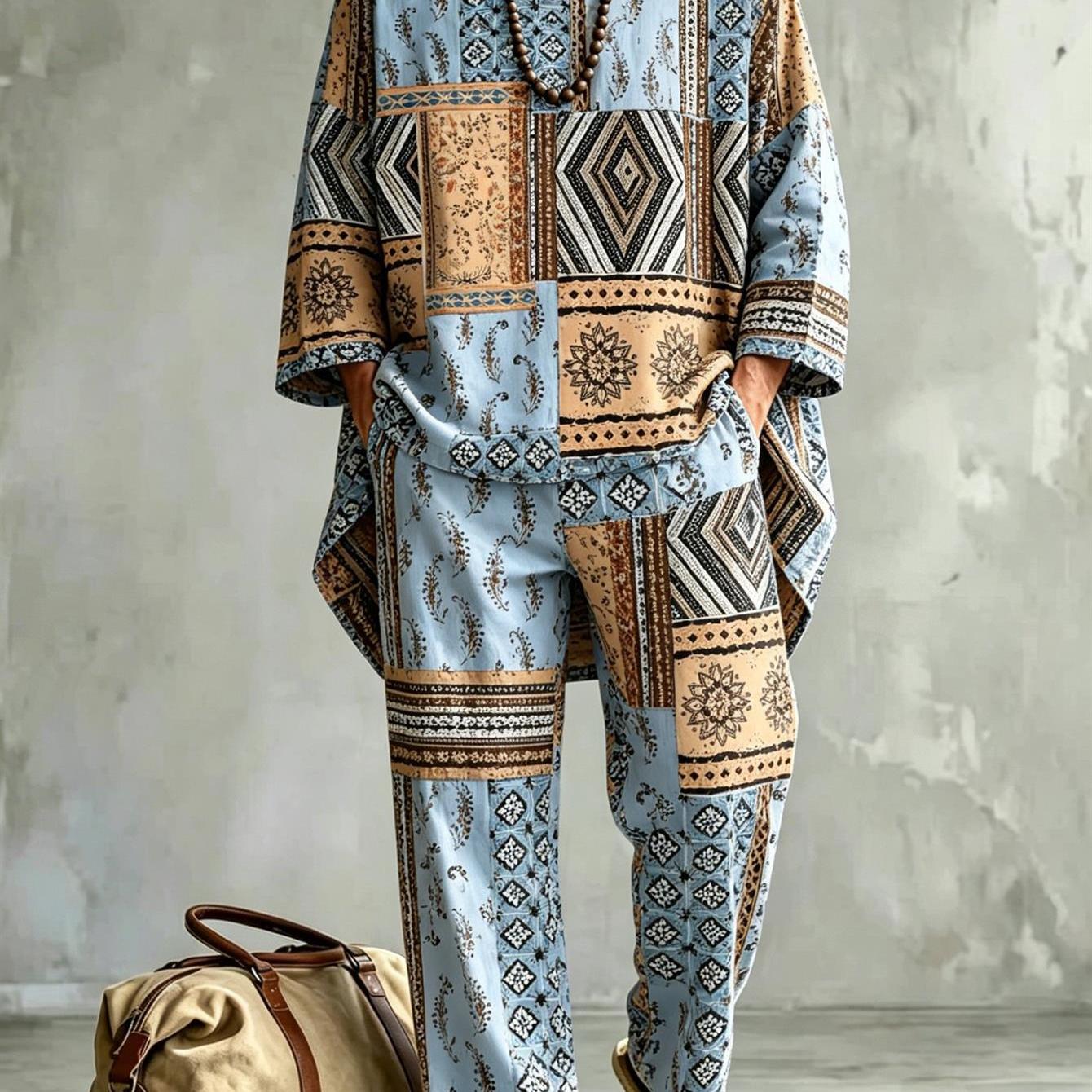Plus Size Men's Fashion Casual Style Ethnic Geometric Floral Print 2pcs Outfit For Adult Men Daily Wear Holiday Party Outfit, Plus Size