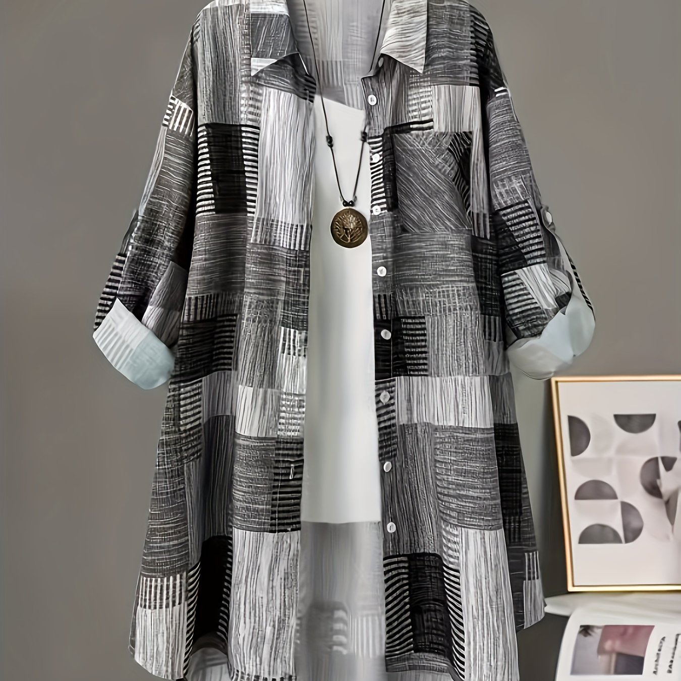 Image of Plus Size Women's Clothing—bohemian Block Long Sleeve Shirt / Vintage Color Block / Suitable For Casual / Fresh And Comfortable, Ladies' Apparel