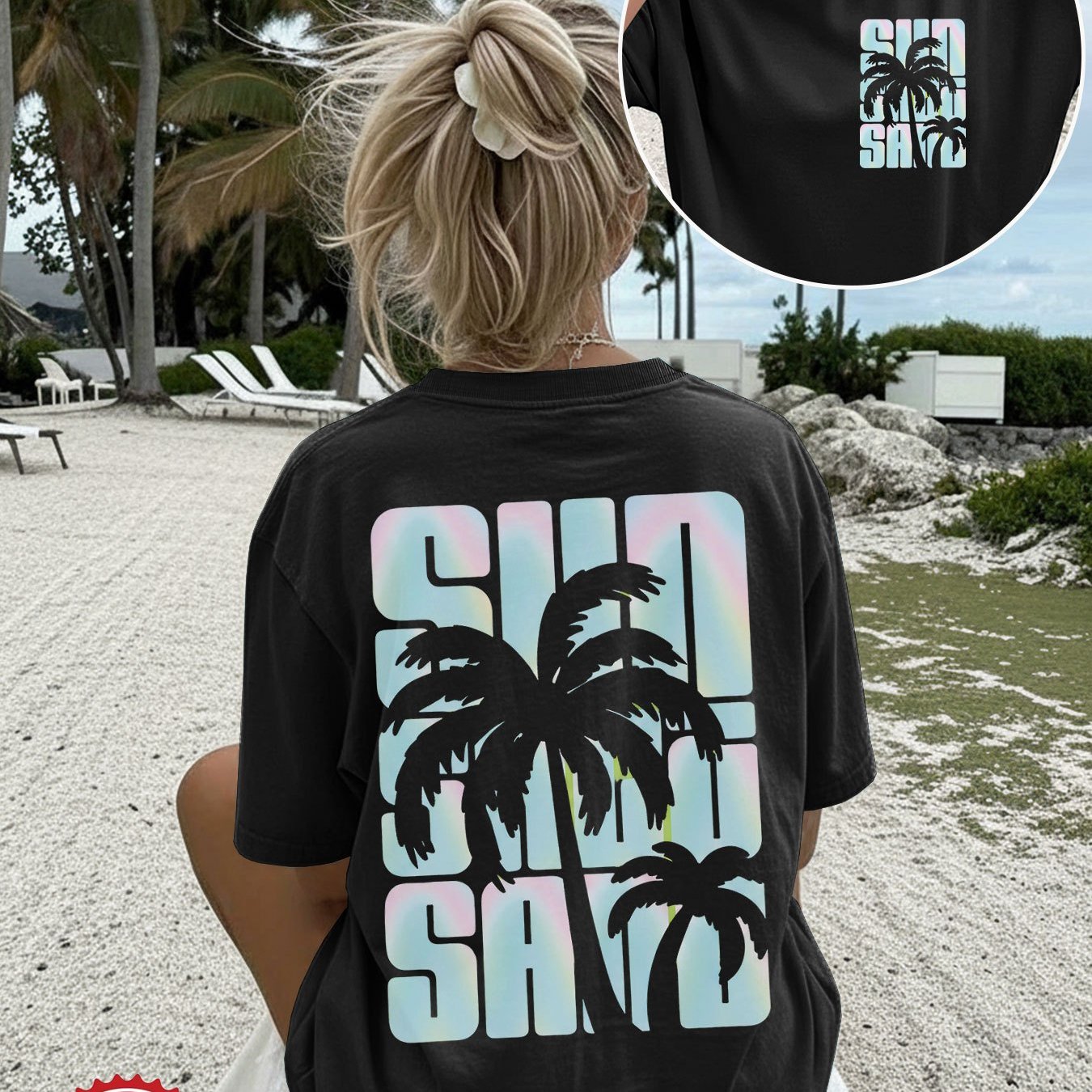Image of Front And Back Double-sided Print, Spring/ Casual Women's Loose-, Summer Style, Palm Tree Gradient Print, Round Neck, Short Sleeves, Shoulders, Pure Oversized T-shirt