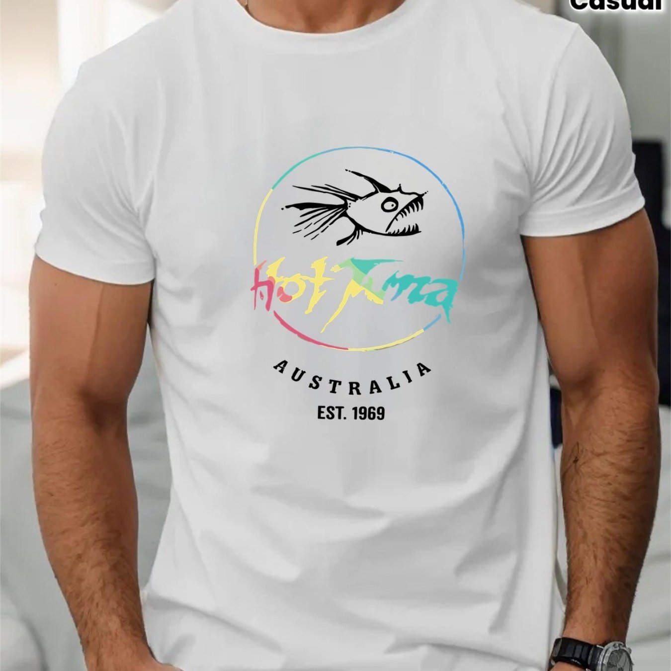 Men's Australia Logo T-shirt - Htda Brand & Iconic Fish Print, Australian Flag Colors (//), Lightweight Round Neck Short Sleeve Surfing & Beachwear, Casual - Tee