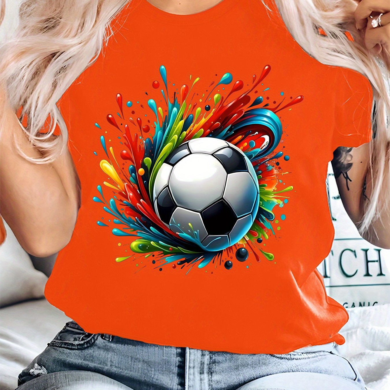 TEMU Plus Size - Plus Size - Colorful Splatter Print Football T-shirt, Plus Size Casual Round Neck T-shirt Made From A Blend Of And Super Stretchy