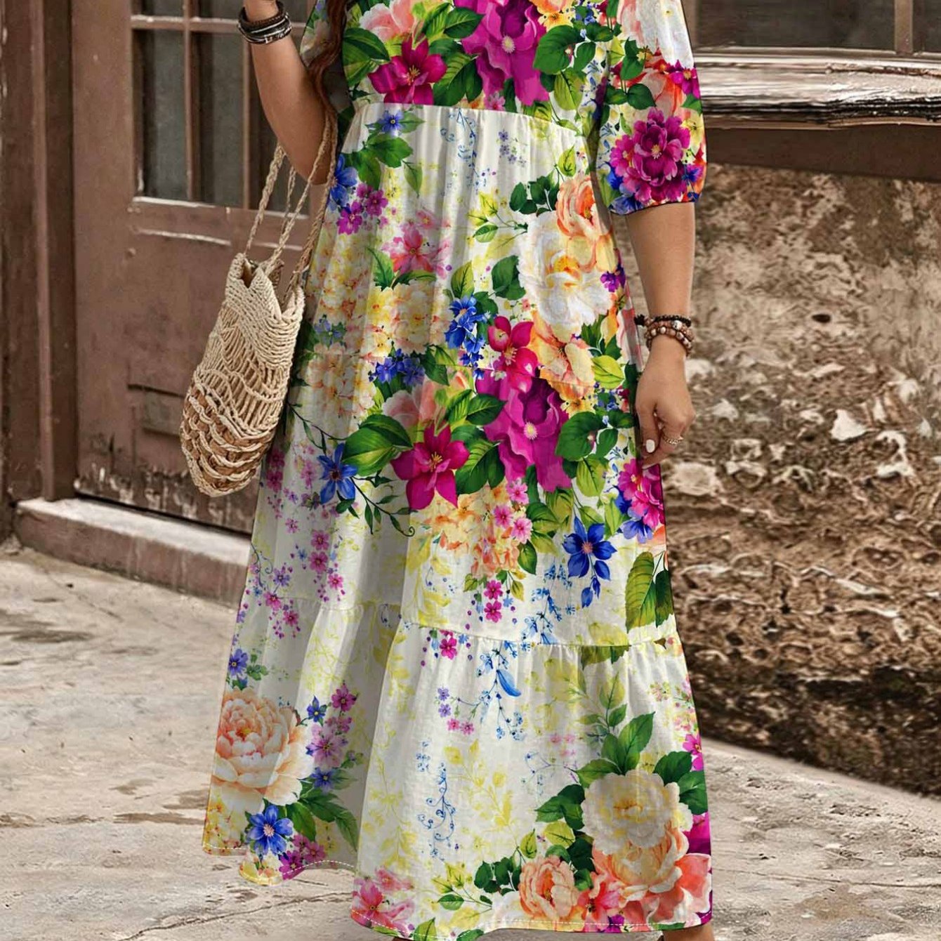 Image of Plus Size, Summer Plus Size Floral Printed Bubble Shortsleeved Maxi Dress For Women. Layered Cake . Vintage Bohemian Loosefitting Aesthetic Casual Resort Dress.