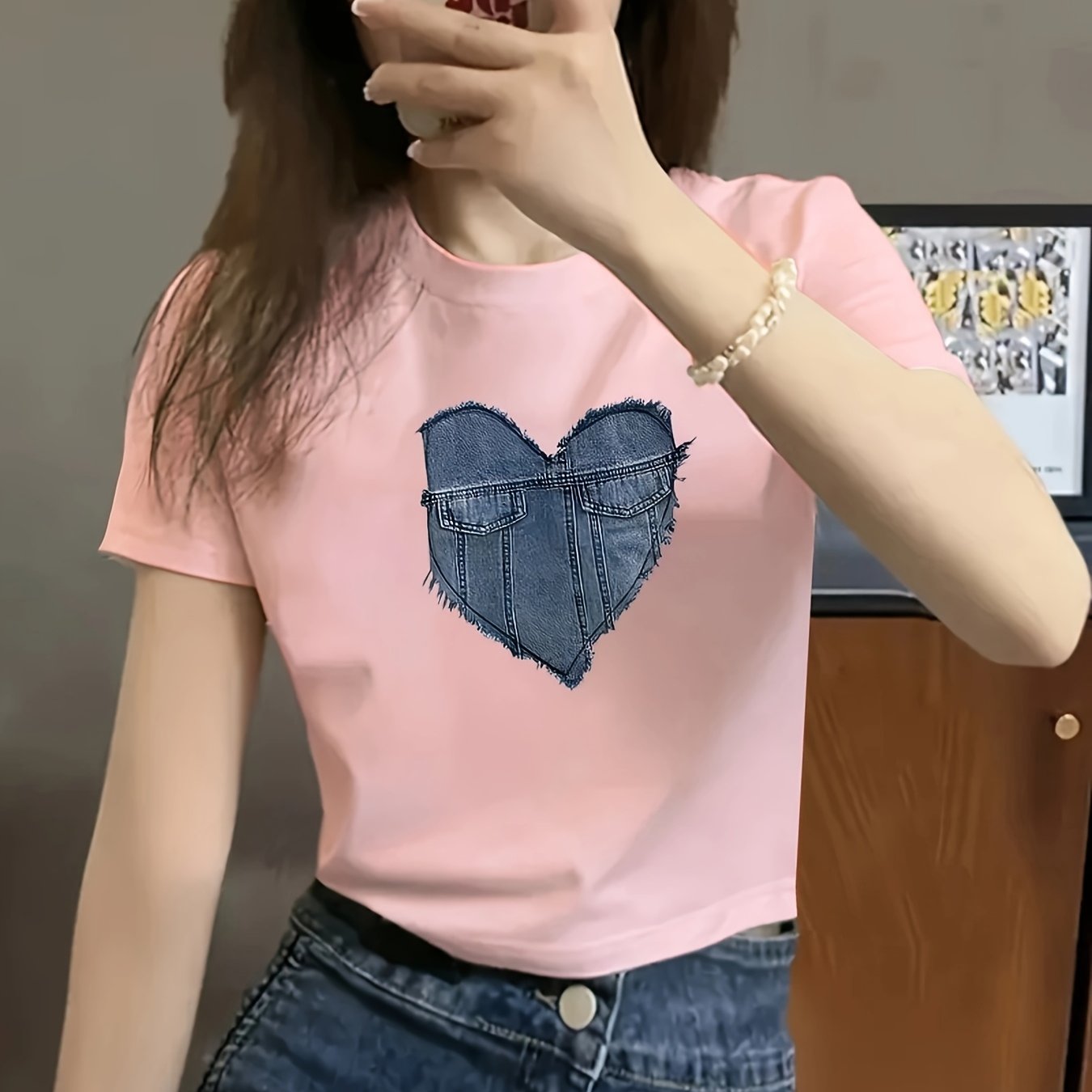 TEMU 00008-women's Slim Denim Heart Print Niche European And American Ins T-shirt-wzh579