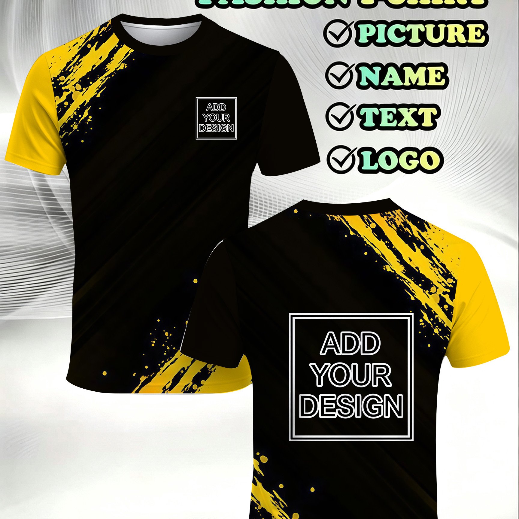 TEMU [custom] Personalized Custom T-shirt, Customizable With Patterns And Logos, Casual Fashion Sportswear, Black And Yellow Minimalist Ink Splatter