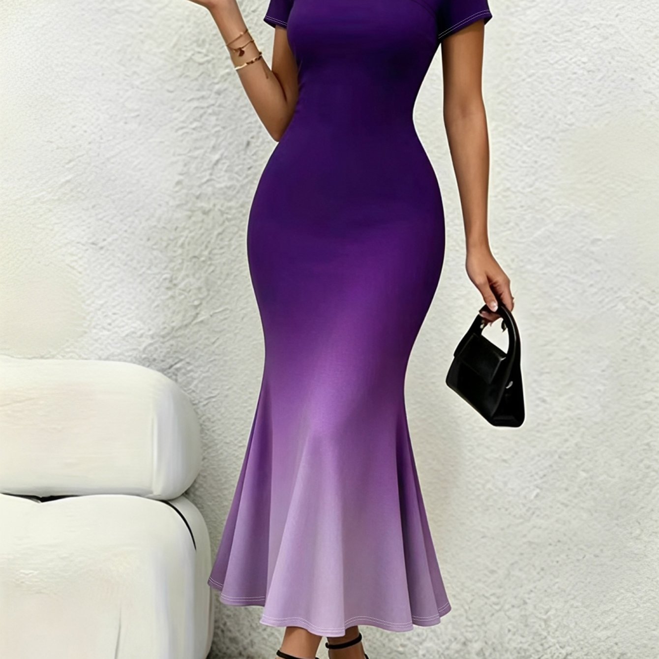 Image of Summer Purple Gradient Asymmetrical Neckline Fishtail Dress, Waist-cinching And Bodycon Maxi Dress, Flattering And Elegant Evening Gown, Suitable For Parties, Banquets, Dates, Dress.