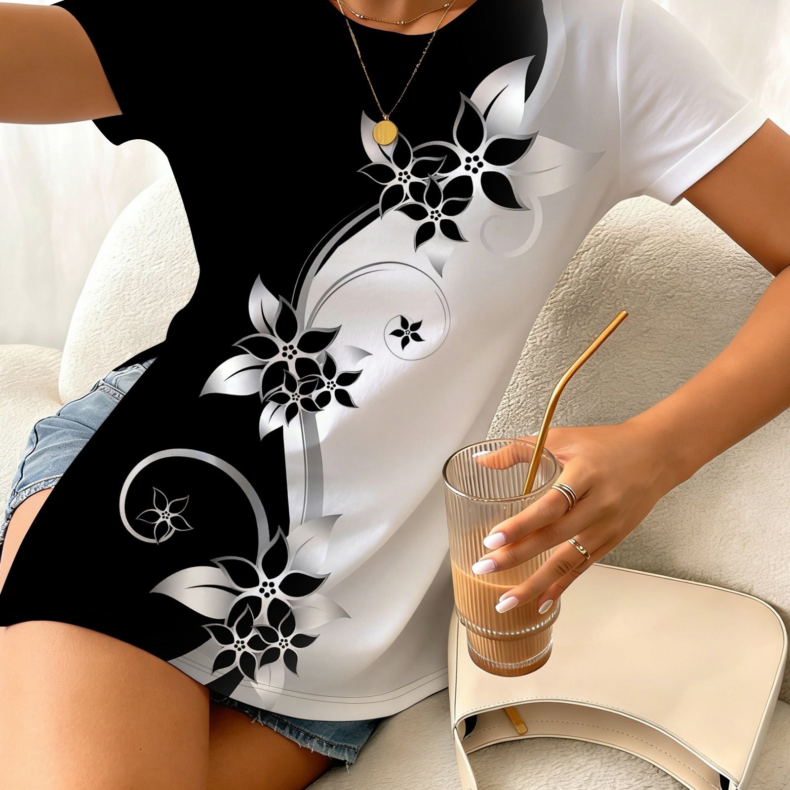 TEMU Black And White Split T-shirt, Elegant Commuter Loose , Women's Fashion Versatile Split T-shirt, Women's Spring Outfit T-shirt