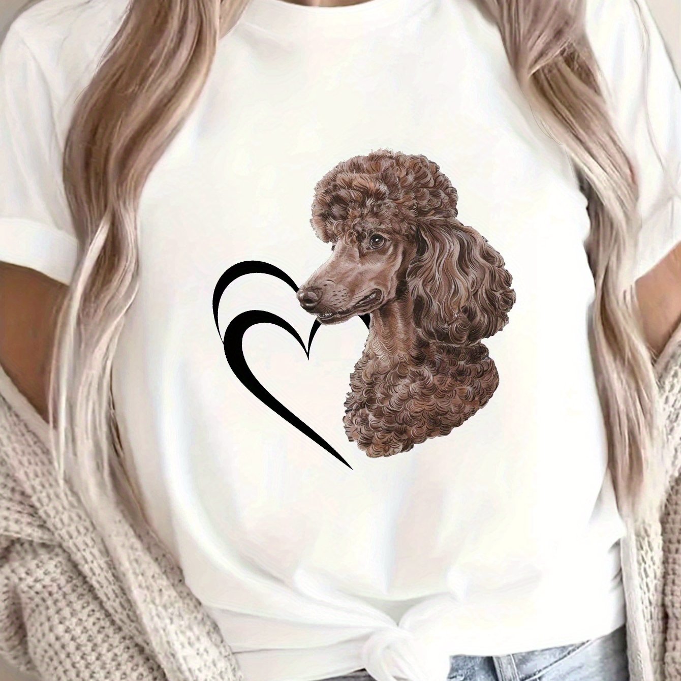 TEMU Poodle With Black Heart Print T-shirt, Short Sleeve Crew Neck Casual Top For Summer & Spring, Women's Clothing