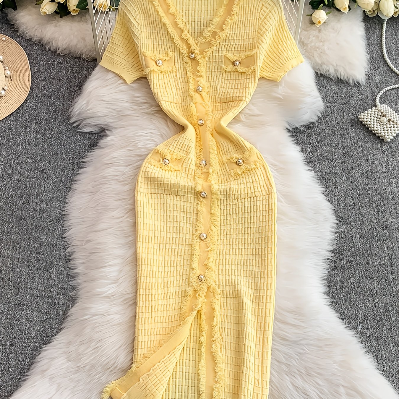 V-neck Metallic Single-button Solid Color Fashionable Fringe Trim Body-hugging Slit Mermaid Dress Ll256