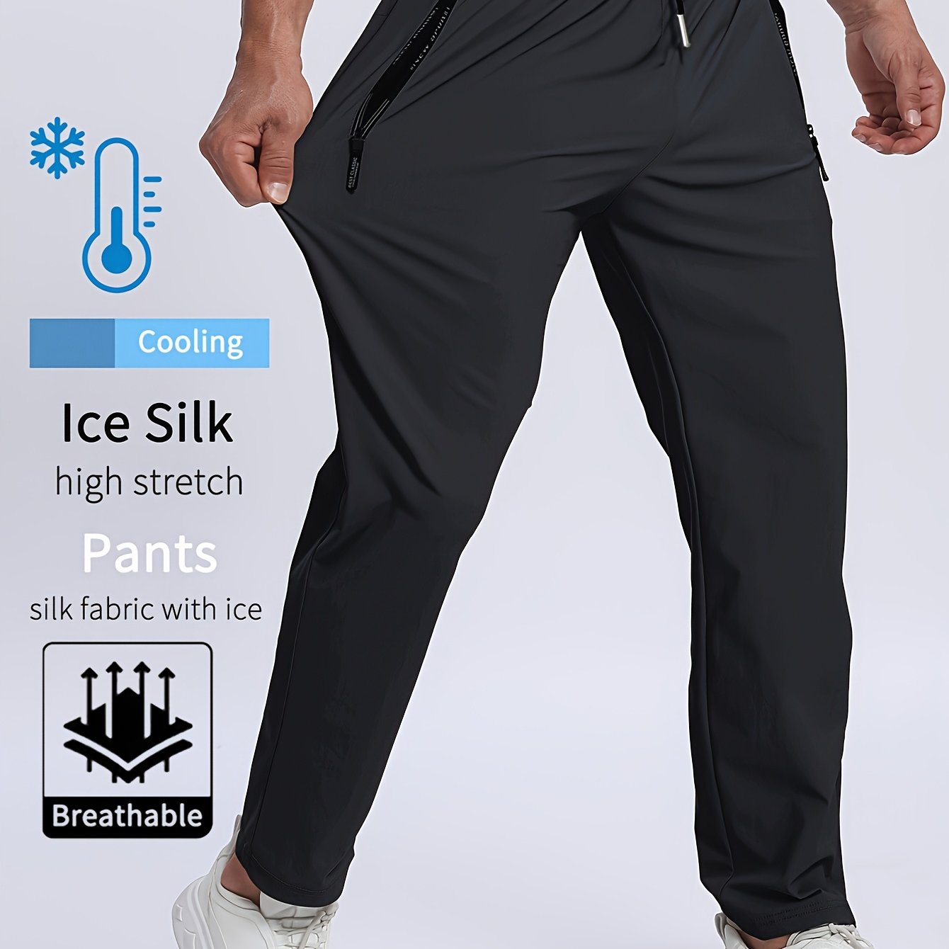Ice Silky Fiber Fabric Men's Sports Long Pants For Running, Exercise, Workout, Fitness, Outdoor Basketball, Casual Wear, Printed Zipper Stretch Cool Breathable Sweatpants For Men