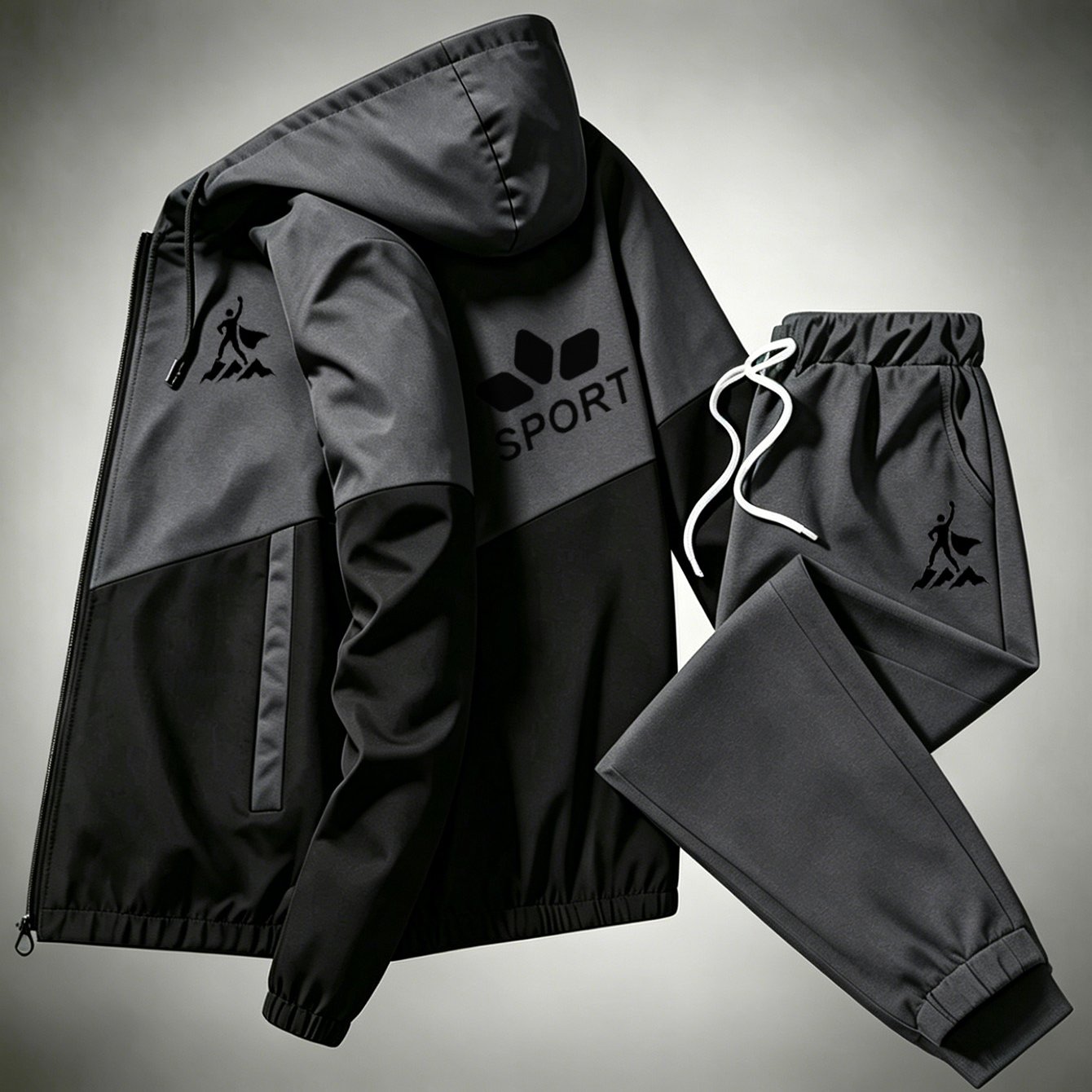 Image of Men's Hooded Tracksuit Casual Sporty Style Polyester Fabric Zipper Detail Drawstring Hood Regular Fit For Spring And Fall Unisex Design