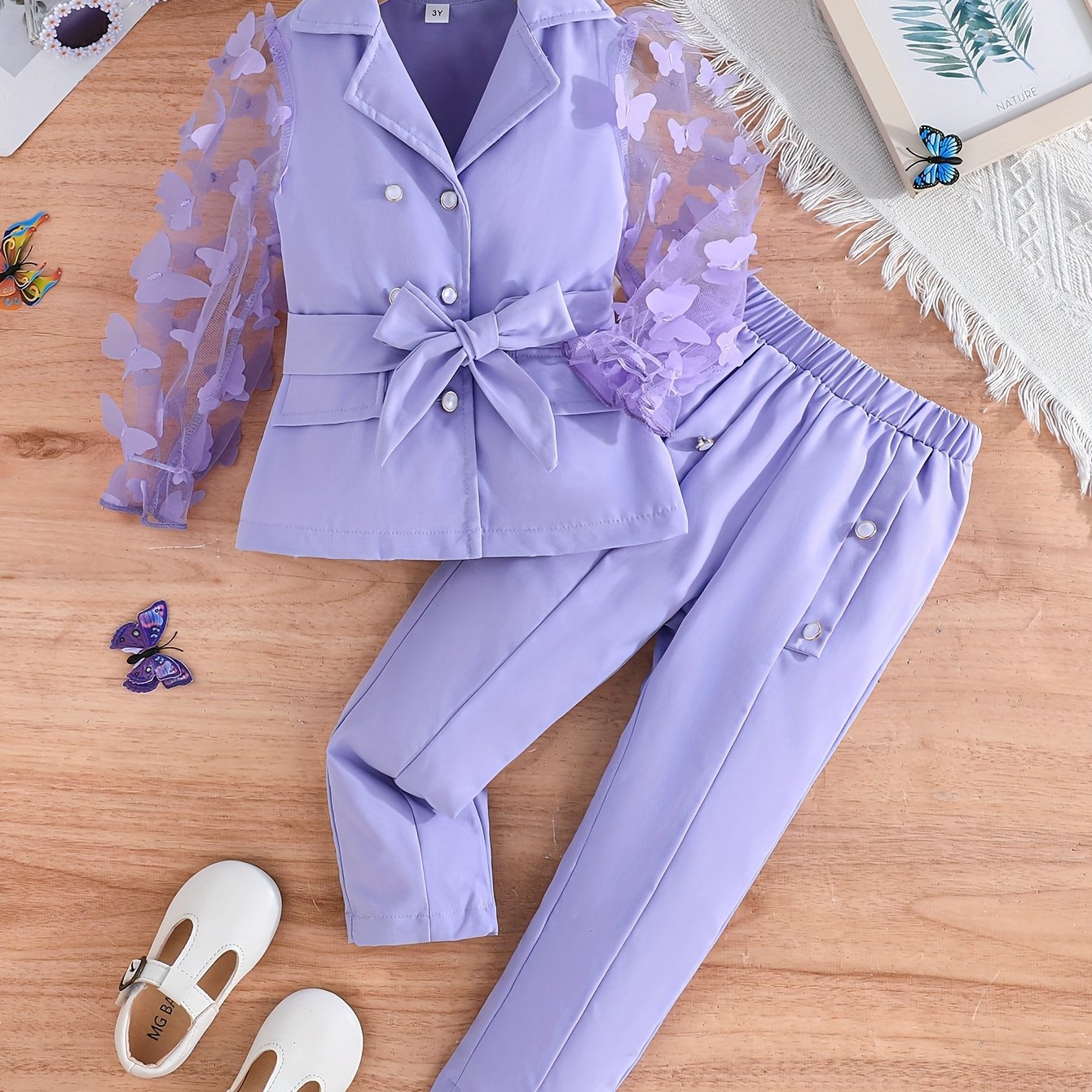 2pcs Girls' Butterfly Blazer and Solid Color Pants Set