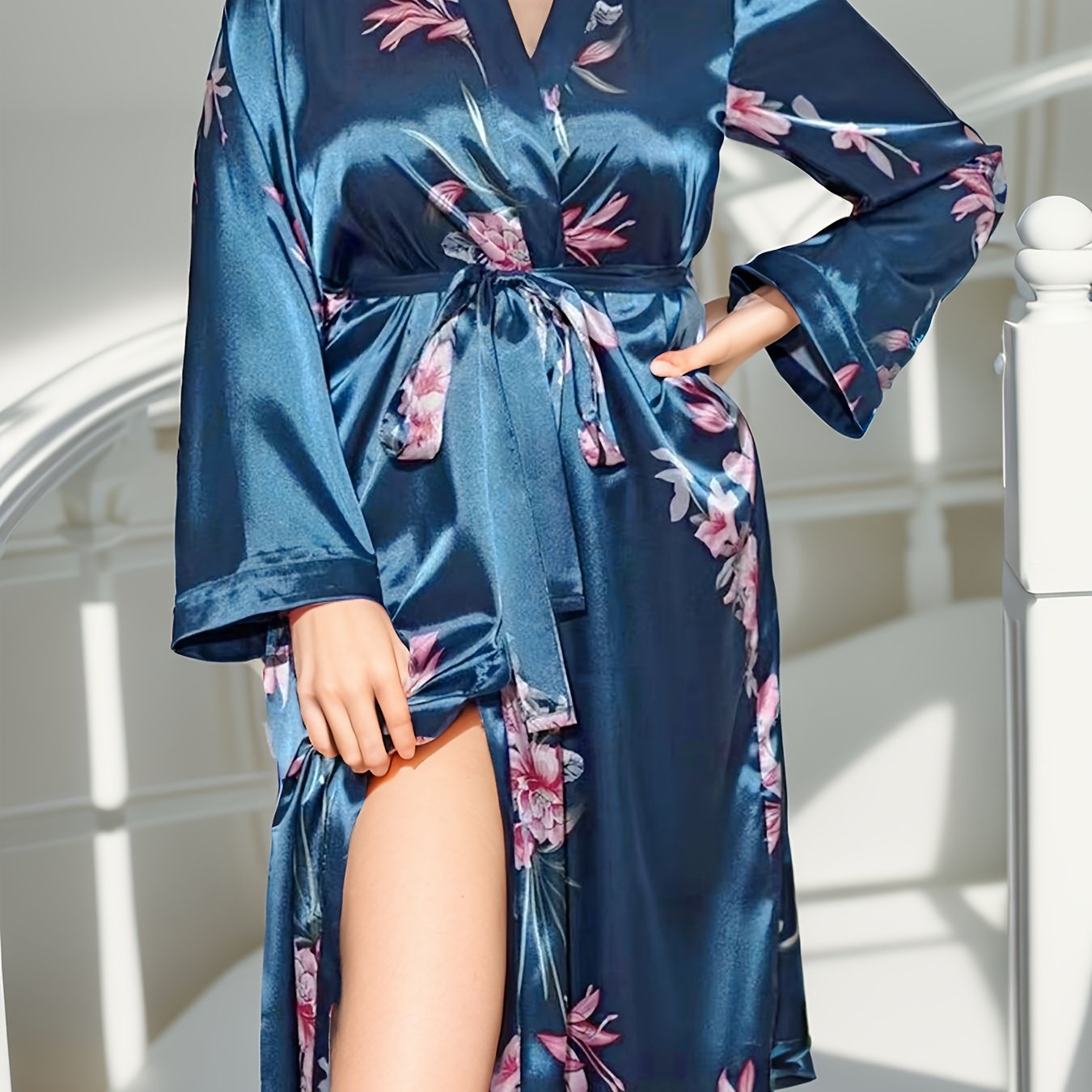 Image of Plus Size Women's Fashion Casual Robe, Floral Print Satin Texture Printed Robe Bathrobe Pajamas