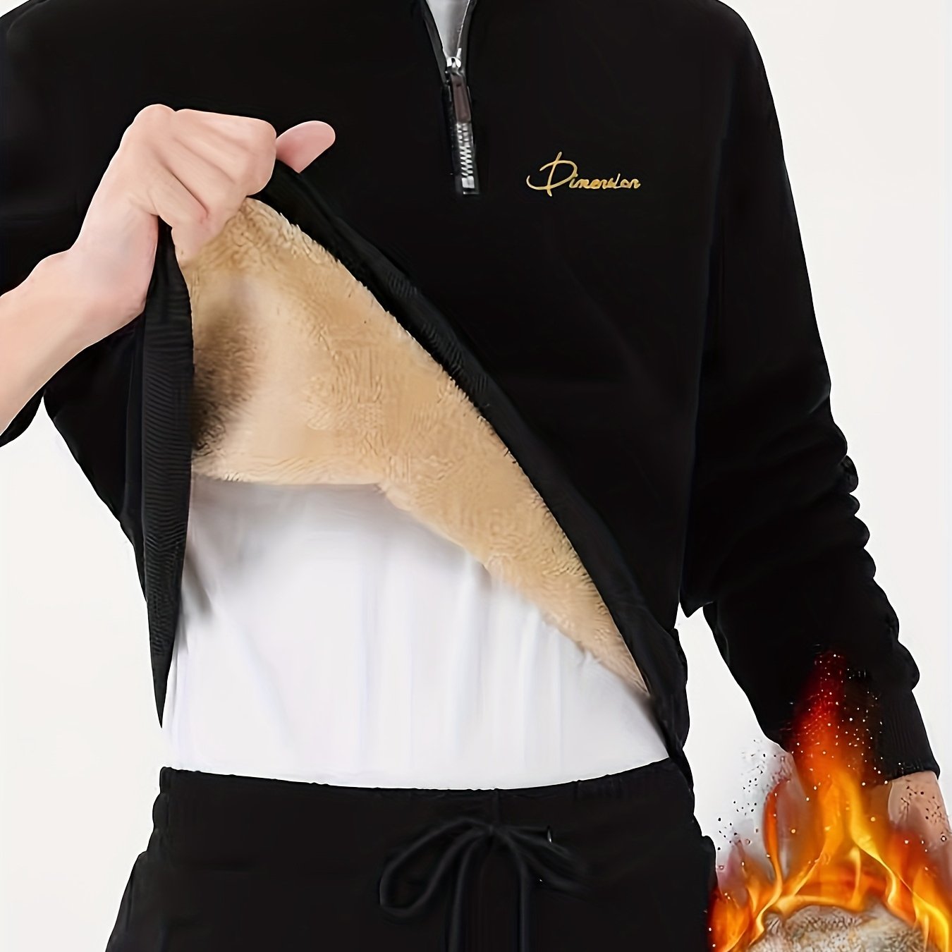 TEMU Plus Size Men's Fleece-lined Warm Collar Sweatshirt Jacket Top - 1/4 Zipper Letter Print Pullover, Fiber Casual Winter Wear, With Ribbed Cuffs,