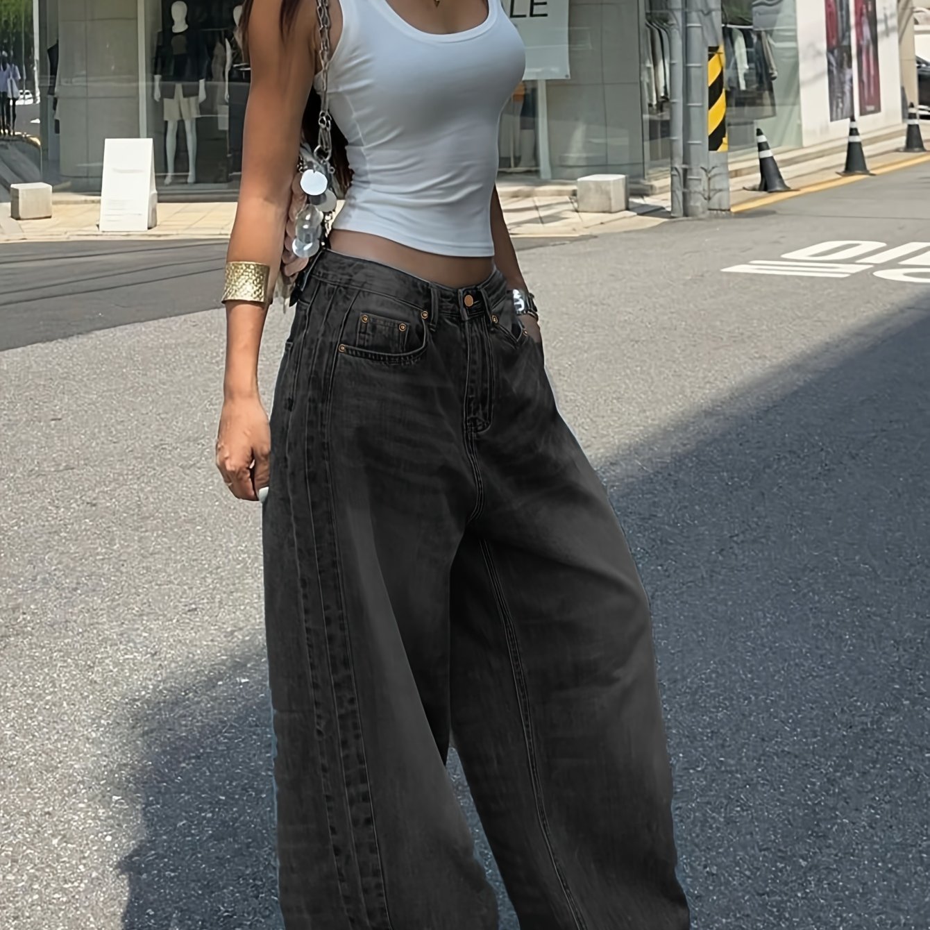 Image of Water Washed Straight Jeans Women's Loose All-match Casual Wide-leg Floor-length Trousers