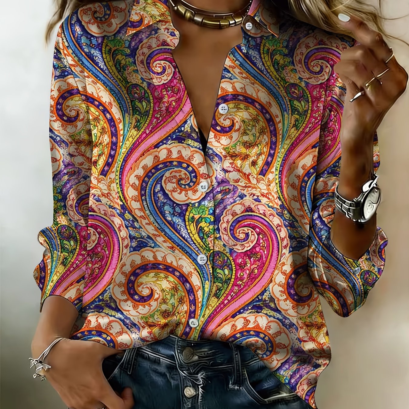 TEMU Women's Colorful Paisley Print Button-up Shirt - Collar Blouse Suitable For , Machine Washable Button-front Top, Non-stretch Comfortable Fabric