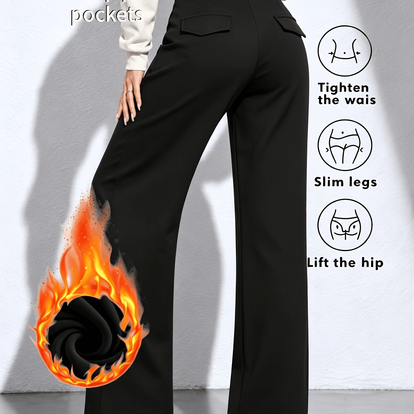 TEMU Tyql Women's High-waisted -lined Winter Pants - Elastic Waist Straight-leg Trousers With Pocket, Wrinkle-resistant Suitable For Casual &