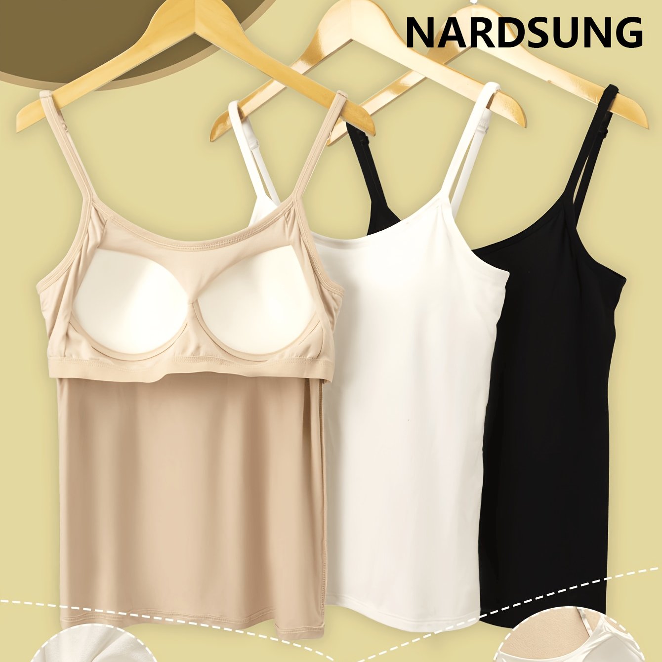 3pcs Breathable Women's Camisole With Built-in Bra, Non-removable Adjustable Straps, Layering Basic Solid Color Outerwear