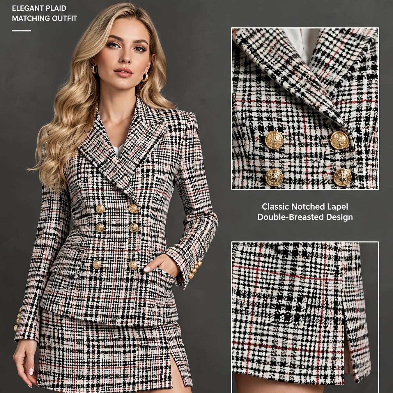 TEMU Women 2pcs Skirt Suit Notched Lapel Double Breasted Golden Button Blazer Long Sleeve Jacket High Waist Side Slit Mini Skirt Elegant Formal