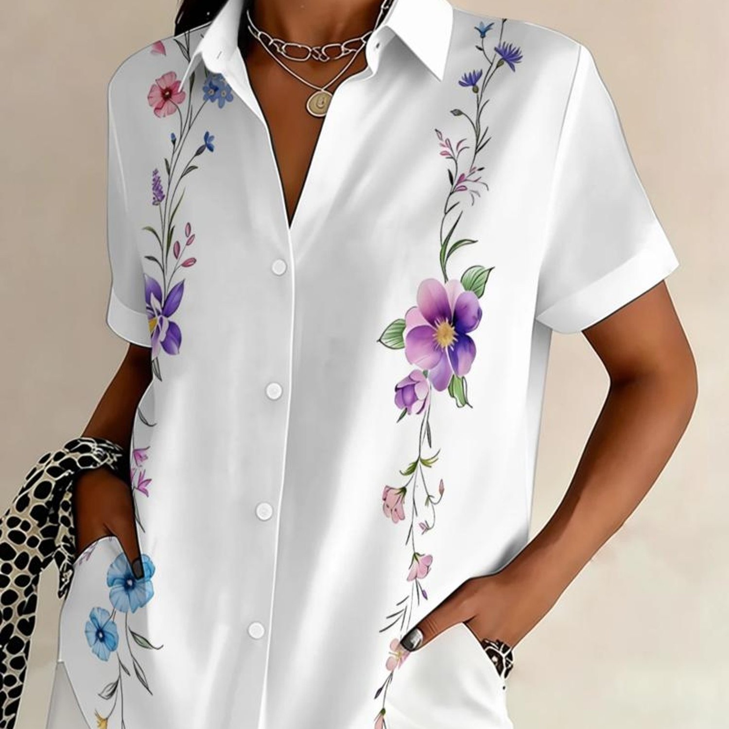 TEMU Plus Size Women's Summer Short Sleeve Collared Printed Shirt, Featuring Whimsical Watercolor Floral Vine Design, Suitable For Casual Wear, , And