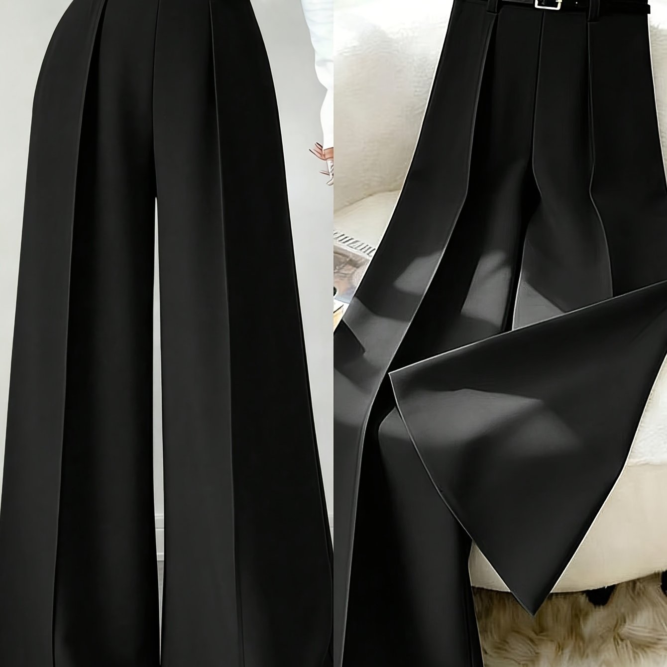 TEMU Pantalon robe large à jambe évasée, taille haute et à l' pour femme, ceinture, pantalon palazzo élégant et fluide à jambe droite, pantalon long