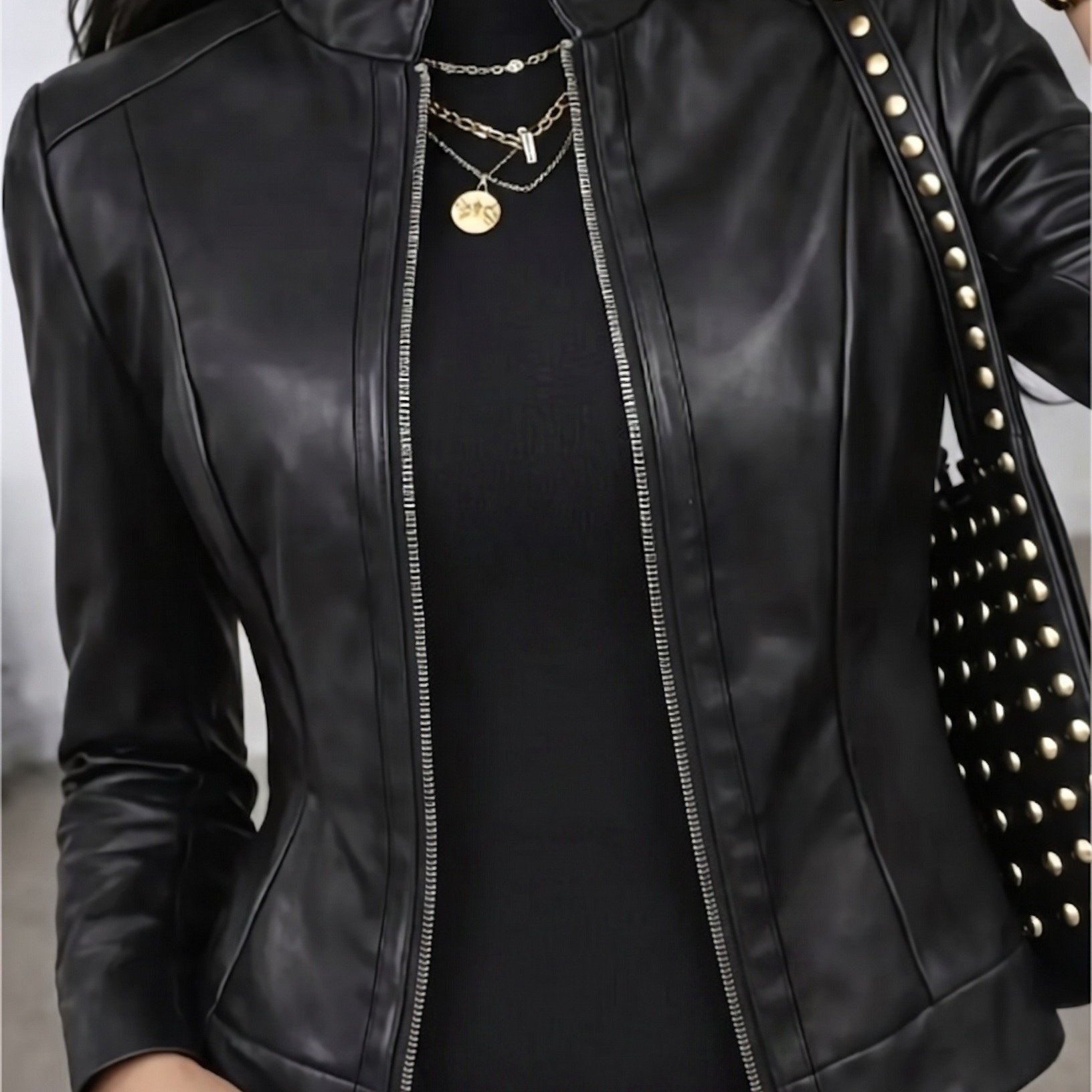 TEMU Plus Size, Plus-size Women's Pu Jacket, Collar Zip--fit Pu Biker Short-sleeve Cropped Jacket, Short-sleeve Cropped Motorcycle Jacket, Casual