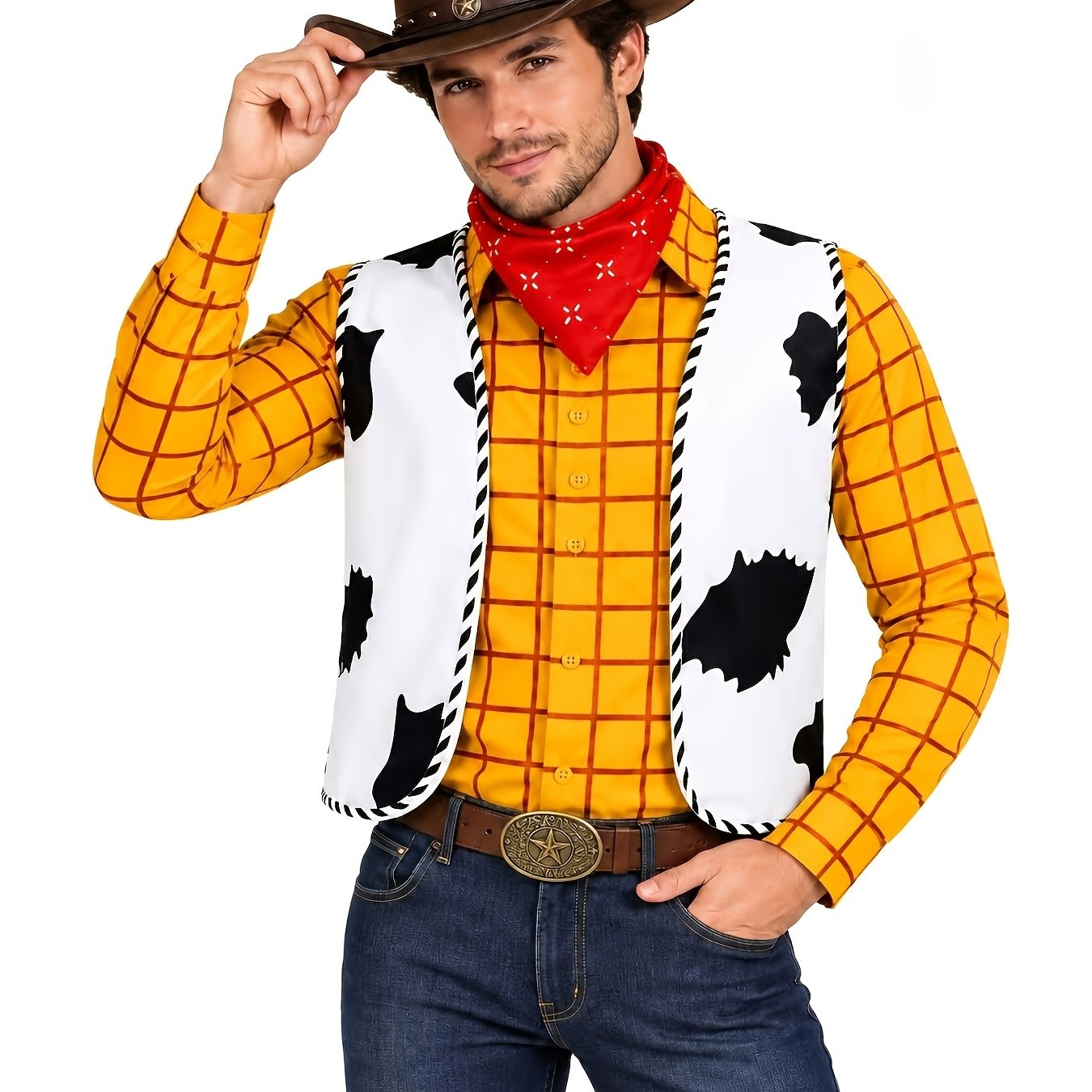 TEMU Western Cowboy Halloween Costume Set, Yellow Shirt Cow Print Vest Red Bandana 3pcs Set, Adult Party Cosplay Themed Role-playing Outfit