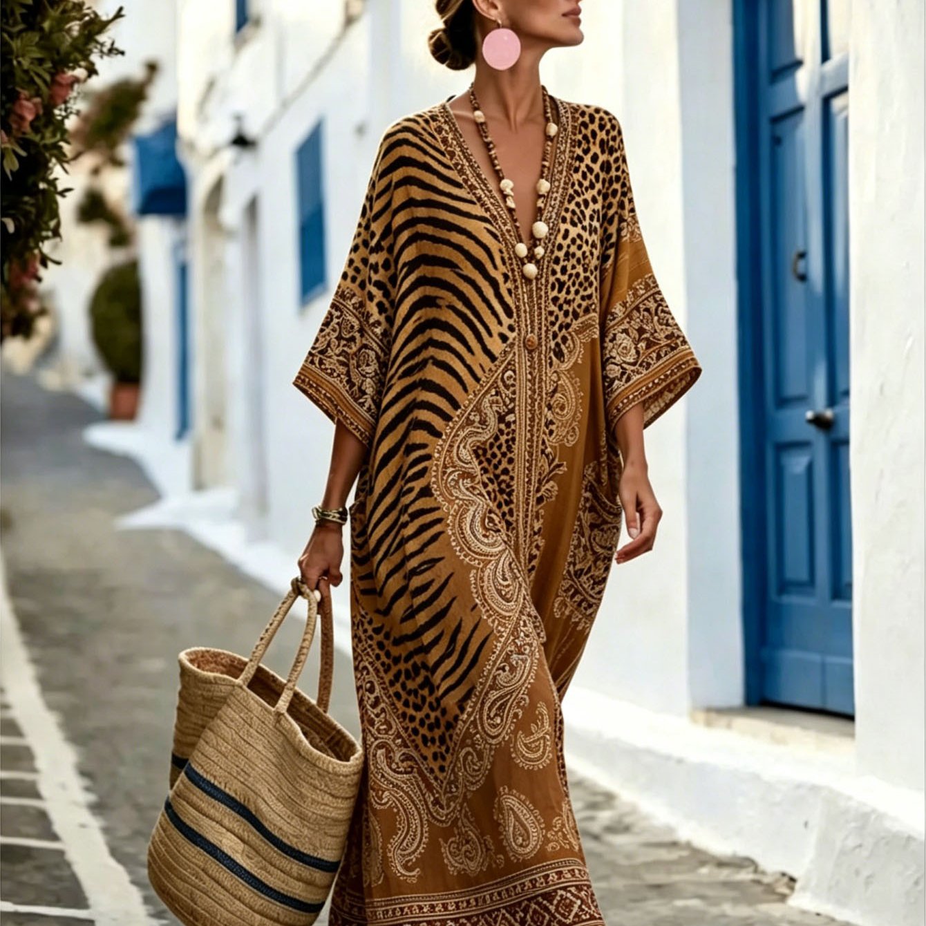Image of Plus Size - Women's Mixed Animal Print Maxi Kaftan Dress, V-neck Half Sleeve Long Dress, Ethnic Paisley Spliced Outfit, Loose Boho Long Garment For Beach Holiday Getaways