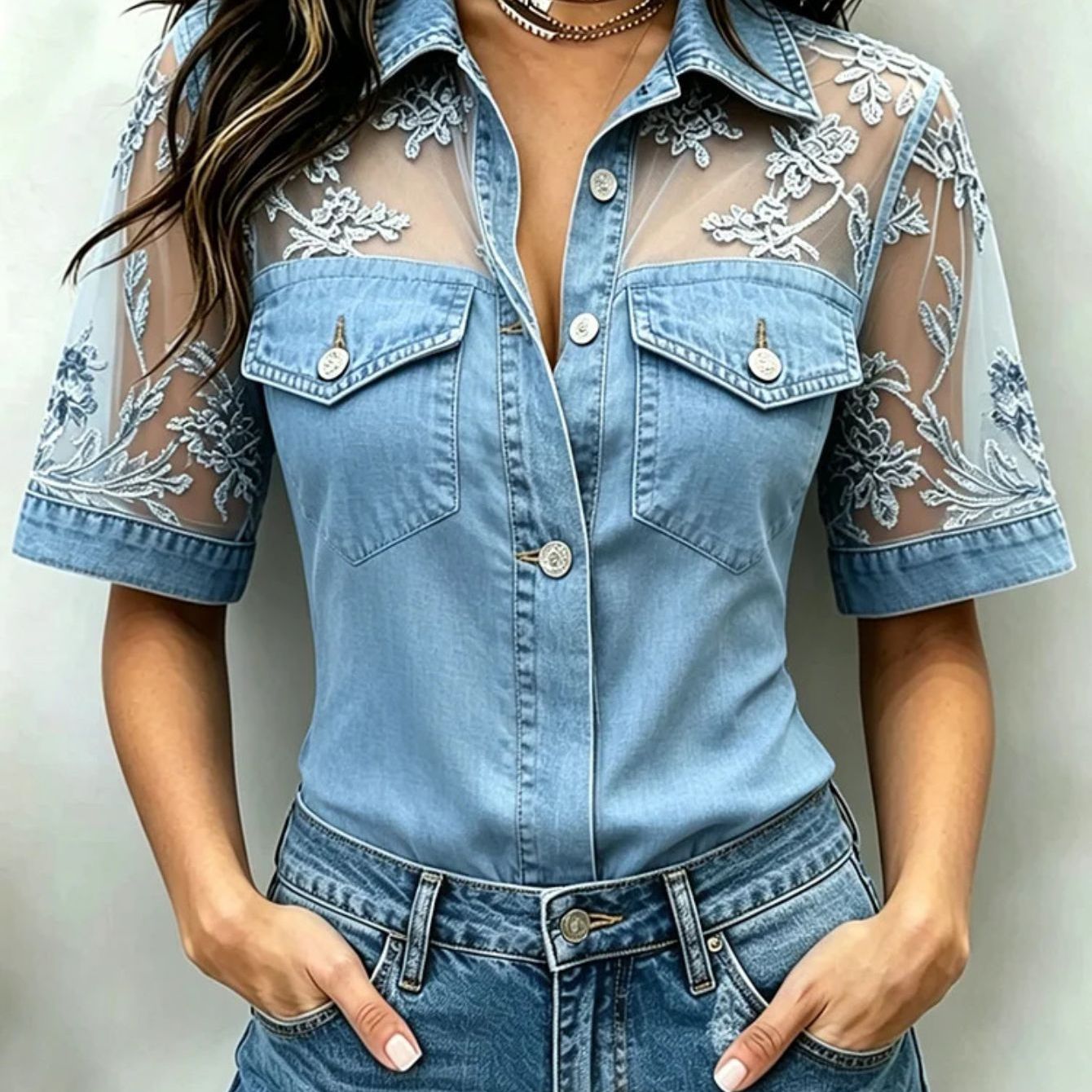 [printed Design - Not Textured] Zoelnic Women's Denim Button Shirt, Short Sleeve Blouse With Flap Chest Pockets, Casual Slim Fit Western Cowgirl Summer Tops