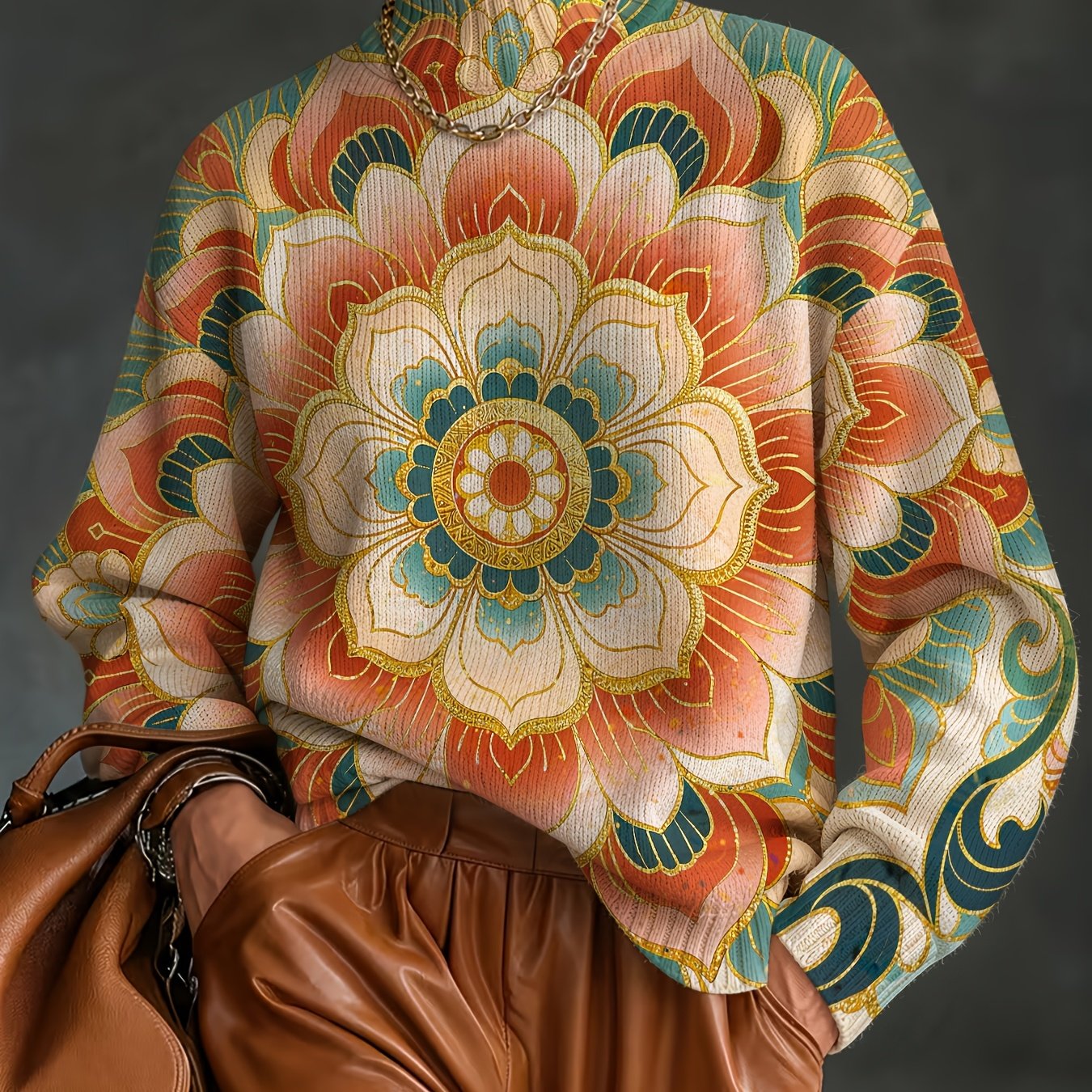 TEMU [2d Digital Printing] Autumn/winter Half-turtleneck Long-sleeve Bohemian Sweater, Fashionable New Stylish Versatile Pullover, Women's Top With