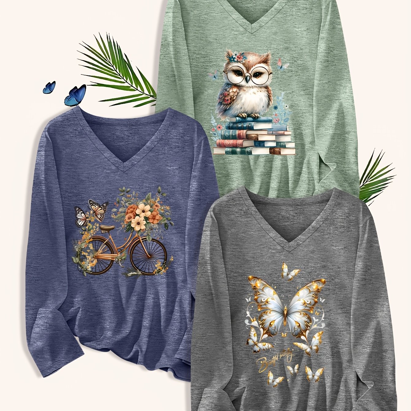 TEMU Plus Size, 3pcs Women's V-neck T-shirt 3pcs Suit - Oversized Loose Size Soft Machine-washable T-shirts With Letter Print & V-neckline, Casual