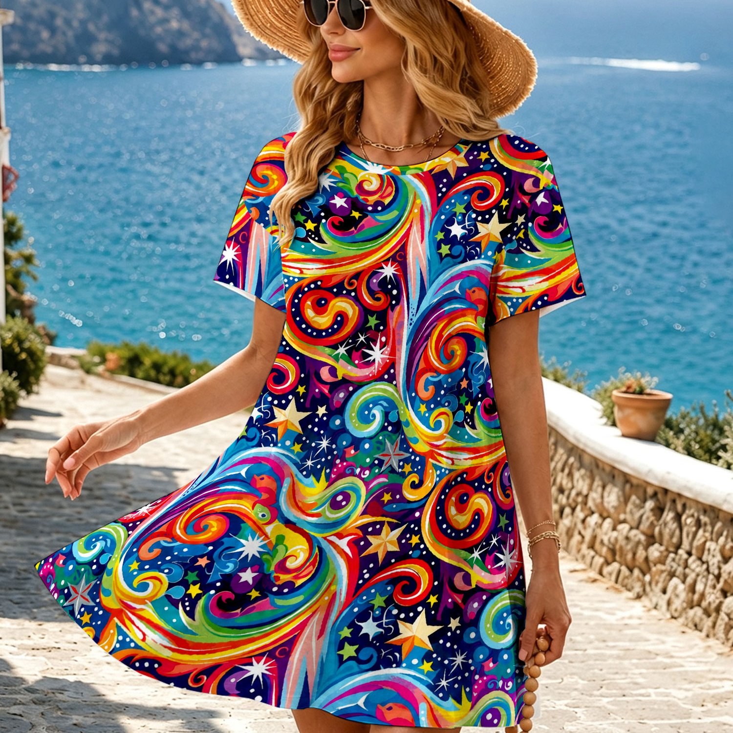 Image of Women's Colorful Psychedelic Swirl Short Sleeve Mini Dress, Vibrant Rainbow -line Summer Beach Vacation Sundress With Wide Brim Straw Hat