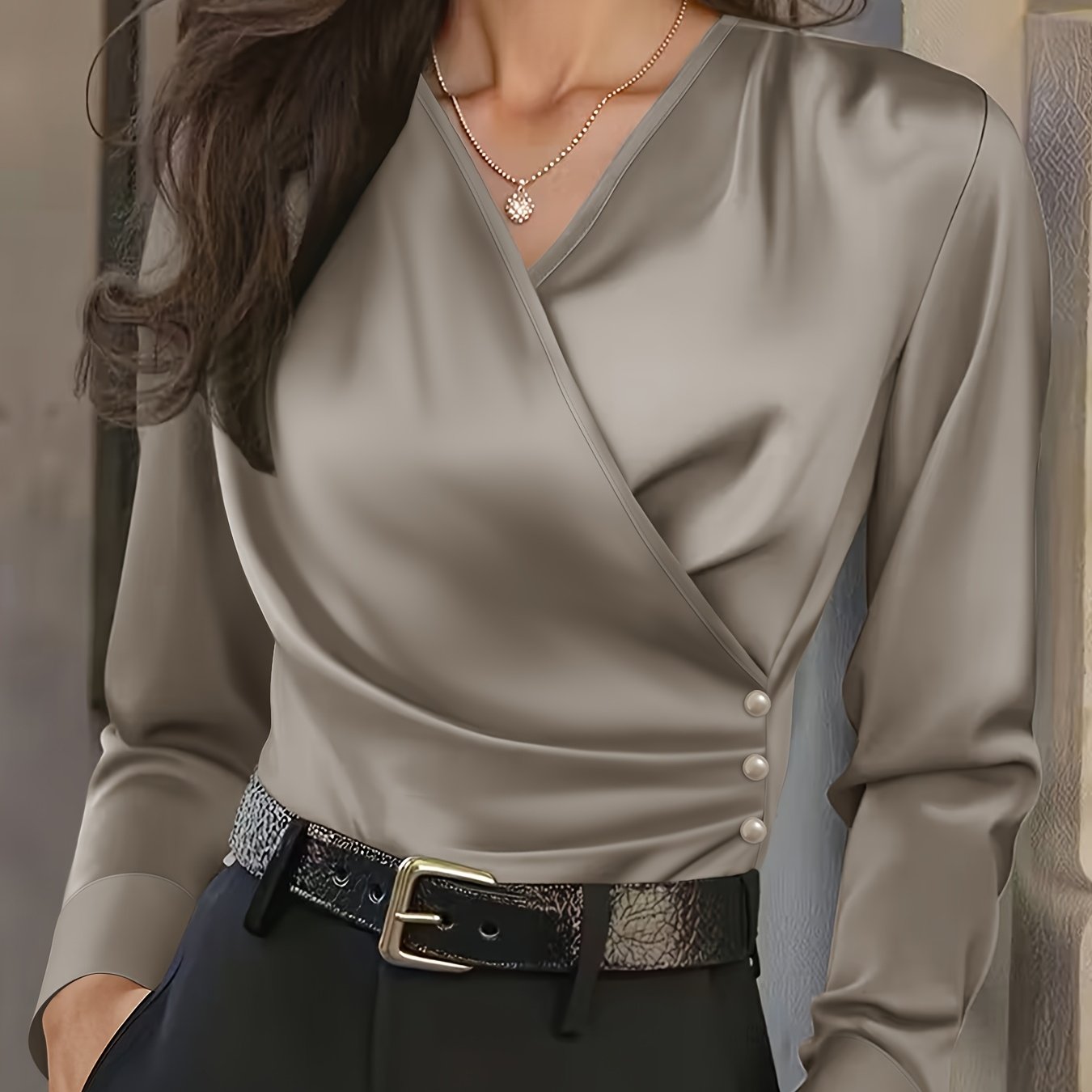 TEMU Elegant V-neck Long Sleeve Shirt With Pearl Details | Fashionable Solid Color, Pleated Waist, Spring/summer Collection