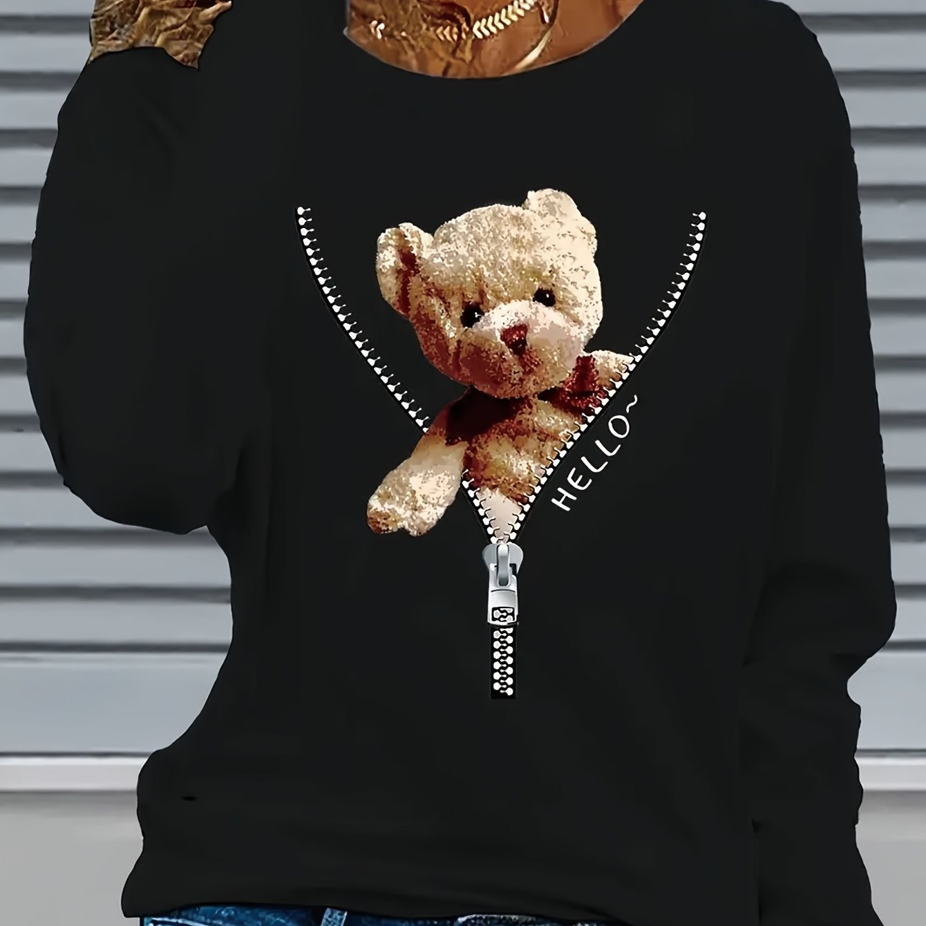 Zipper Bear Graphic Print Women's Long Sleeve