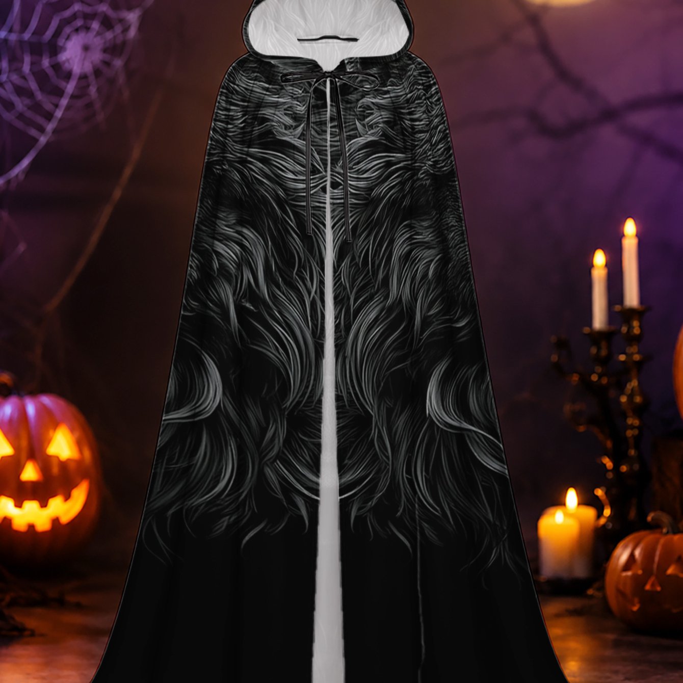 TEMU 1pc, Halloween And Christmas Themed Hooded Cape With Black Wolf With Yellow Eyes Elements, Lightweight Polyester Costume Accessory For Adults,