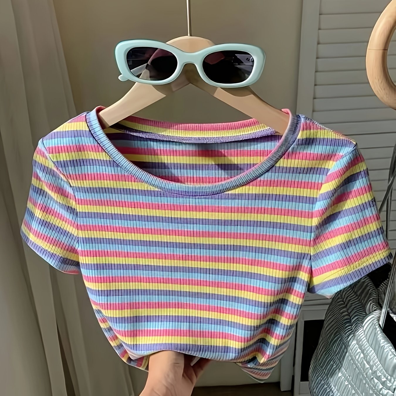 TEMU Ladies' Fashion Striped Short Sleeved Shirt