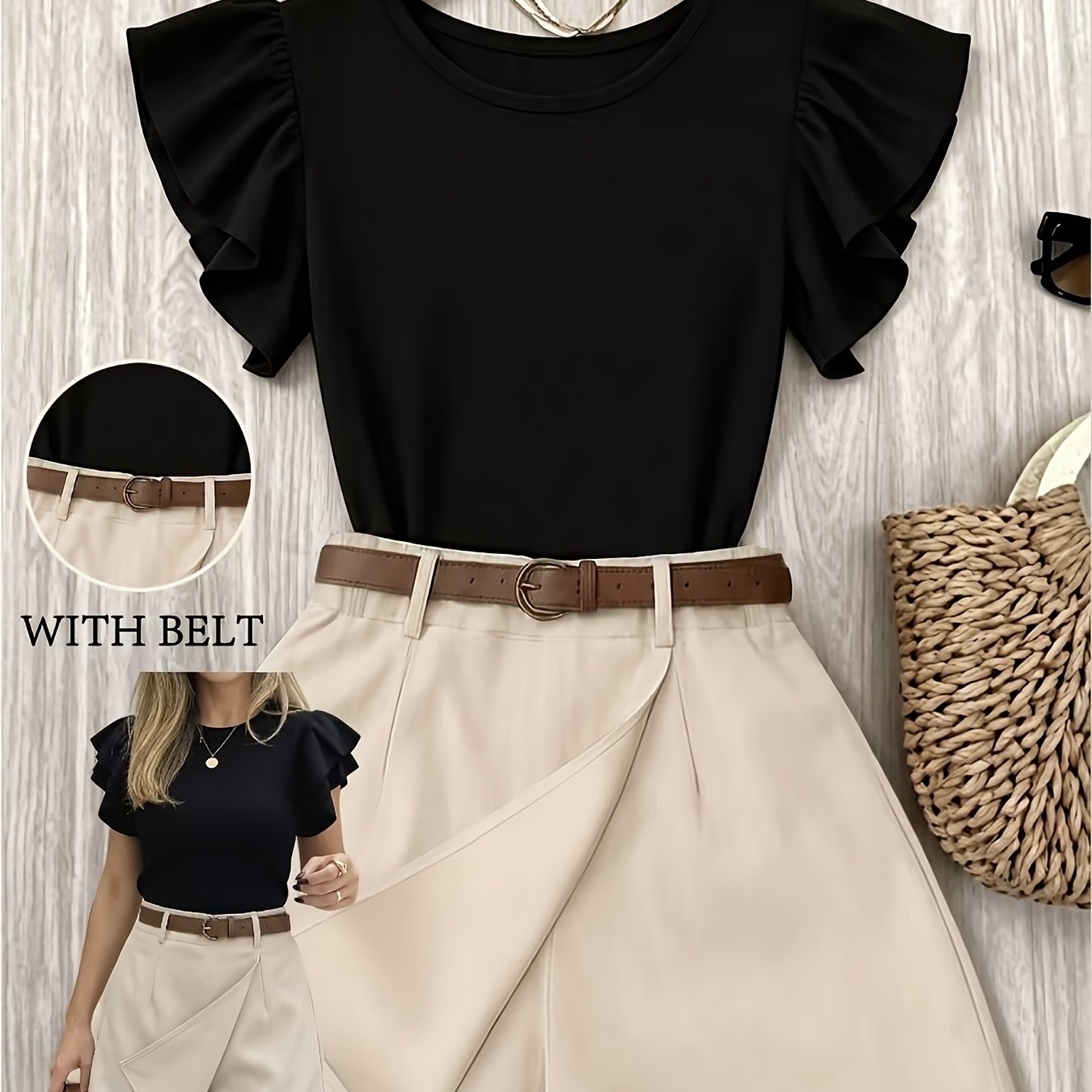 TEMU Autumn/winter Women's 2pcs Set: Ruffle Petal Sleeve Top + Belted Wrap Skort. A Casual And Elegant 2pcs Set, Stylish And Versatile, Suitable For
