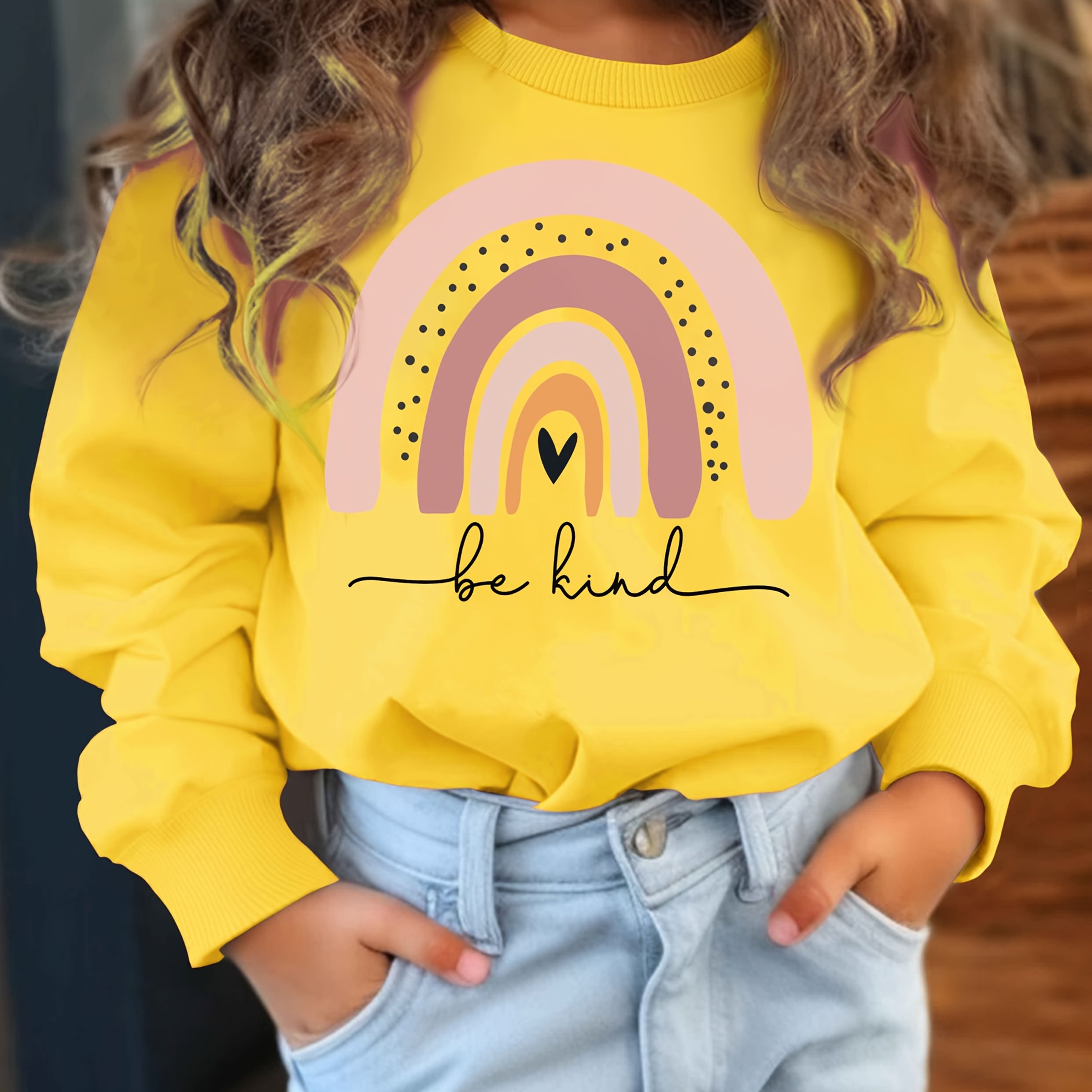 Autumn Fashion Personalized Letter Rainbow Print Sweatshirt For Girls, 'be Kind' Pullover, Lightweight Long-sleeve Top For Girls