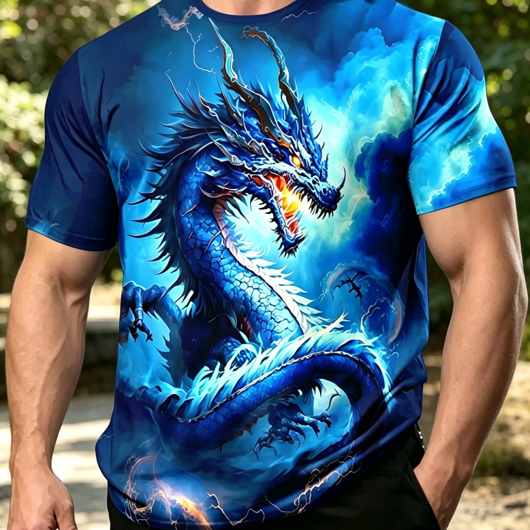 TEMU Men's T-shirt, Fantasy Oriental Style: Blue Print, Printed T-shirt, Casual Short Sleeve, Summer Short Sleeve Top, Short Sleeve, Suitable For