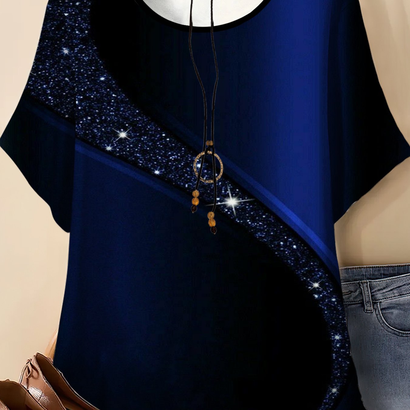 TEMU Plus Size - Women's Round Neck Short Sleeve T-shirt, Simple Round Neck Design, Daily Trendy , Elegant Women's Clothing, Navy Galaxy Sparkling