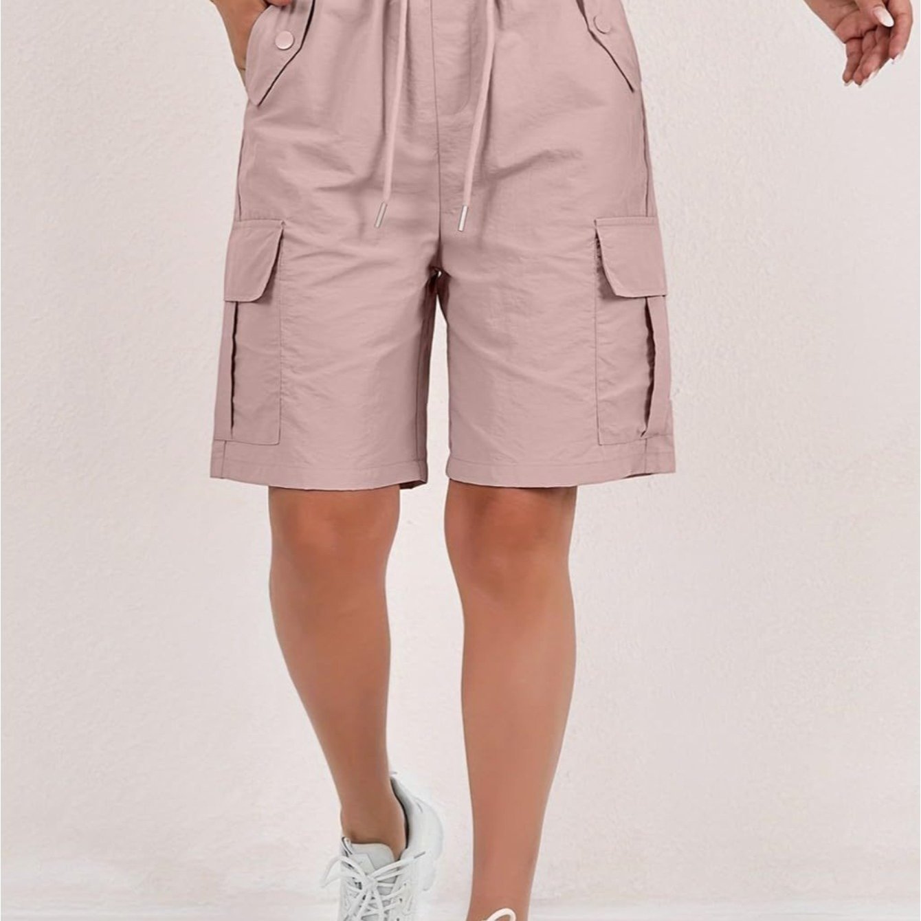 TEMU 1pc Women' Elastic Waist Drawstring Cargo Shorts With Button Flap Pockets - Knee-length Bermuda Utility Shorts Suitable For, Camping, Casual