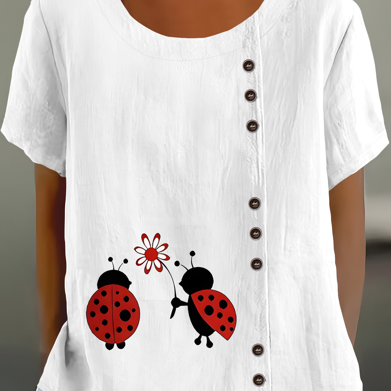TEMU Chemise à manches courtes pour femmes, col rond, motif floral bohème créatif à lettres , en Europe et en Amérique, haut à manches courtes à col