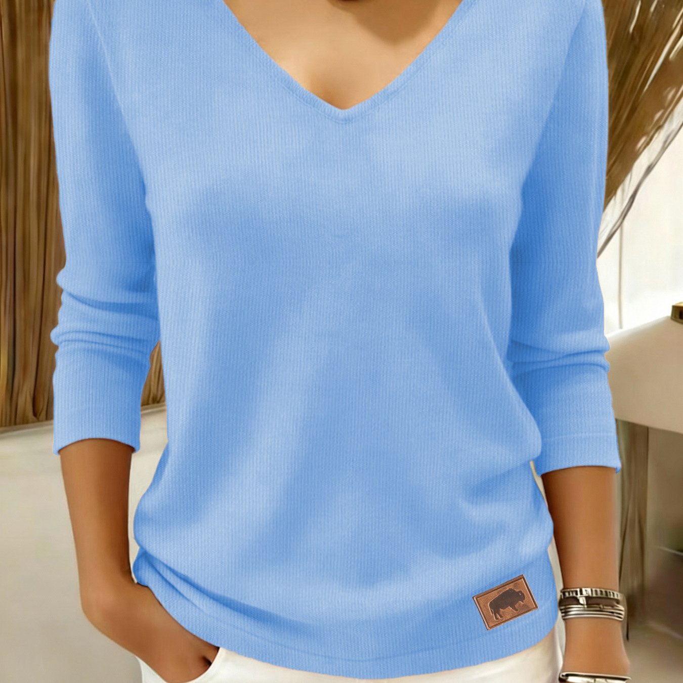 TEMU Pull Décontracté Femme - Manches Longues, Col en V , Pull Confortable Micro-Élastique, Design Texturé, Tissu Durable, Tendance, Texture Douce,